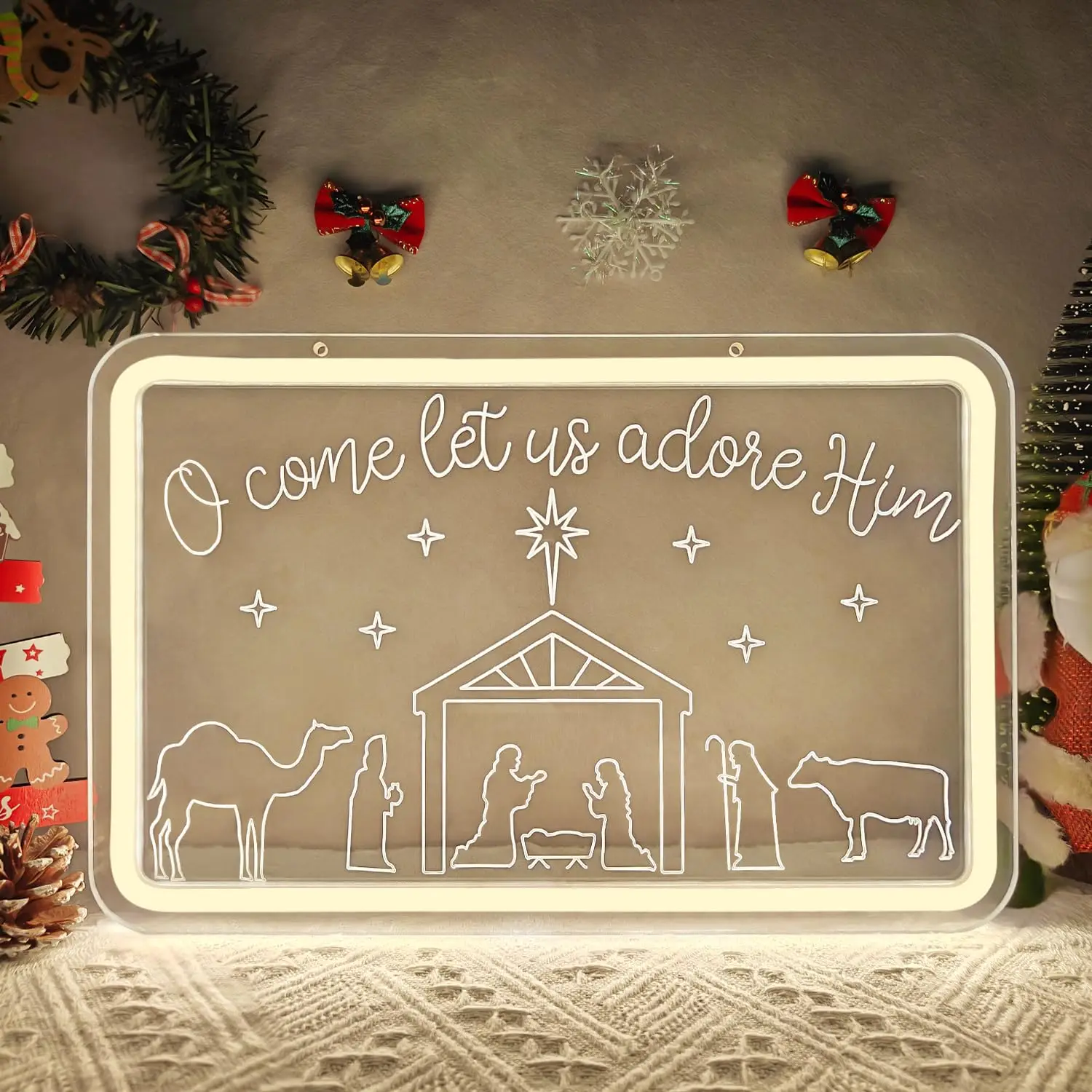 

Oh Come Let Us Adore Him Неоновая вывеска для декора стен Резьба с регулируемой яркостью Led Oh Holy Night Настенный декор Иисус Световая вывеска для подарков