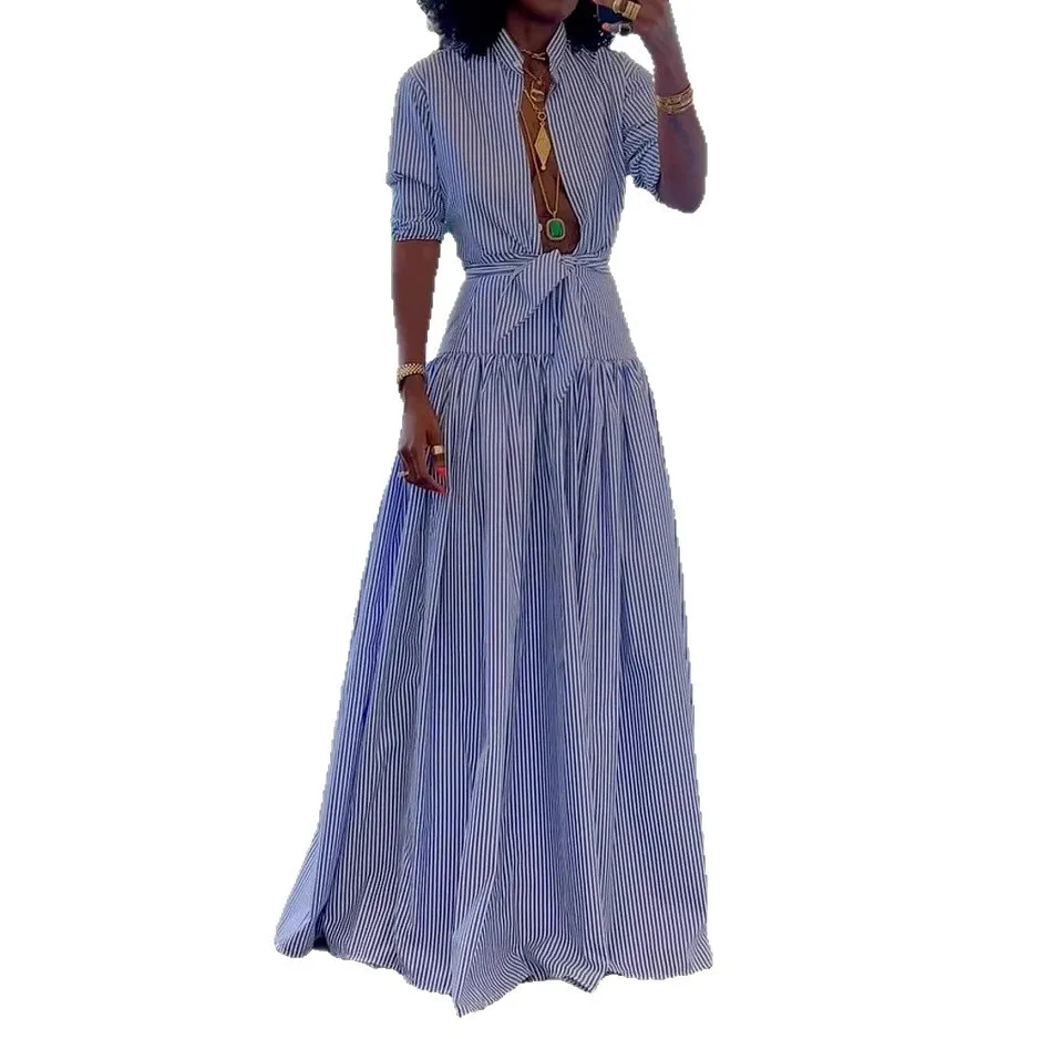 Casual Striped Women Long Dress Fashion Midi Sundress Vacation Outfit 2025 Summer Lapel Single Breasted Short Sleeve Shirt Robes