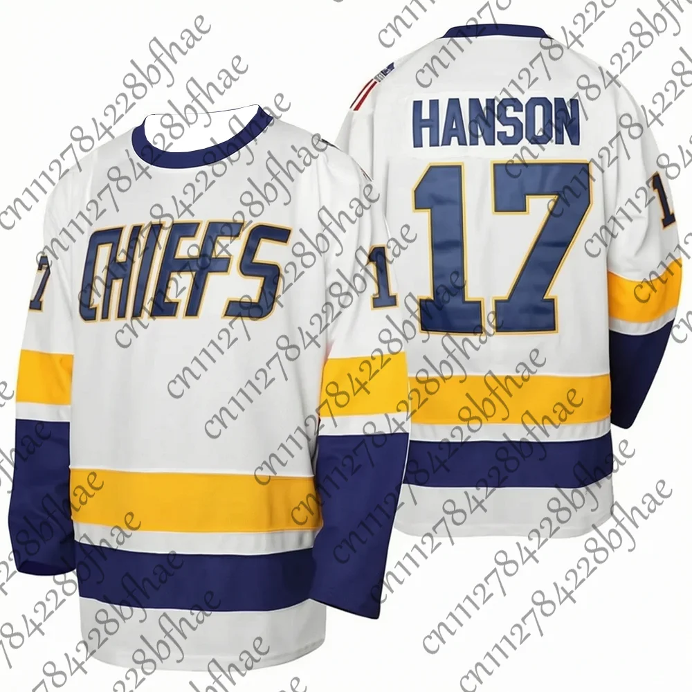 Hanson Brothers Hockey-Trikot für Herren, SlapShot # 16 # 17 # 18 Chiefs Weiß-Blaue Film-Fanartikel Authentische Sportteam-Kleidung für Kinder – Detail 3