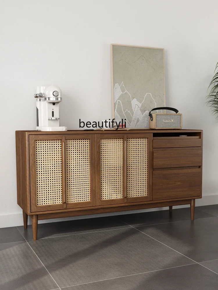 Light Luxury Walnut Color Solid Wood Sideboard Living Room Dining Room Tea Cabinet Wall Rattan Curio Cabinet