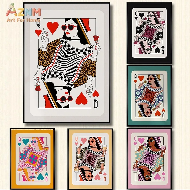 AZNM Impresión en Lienzo sin Marco de la Reina de Corazones, Arte Pop Retro, Decoración de Pared con Diseño de Reina, Póster Colorido de Póker, Estilo Funk