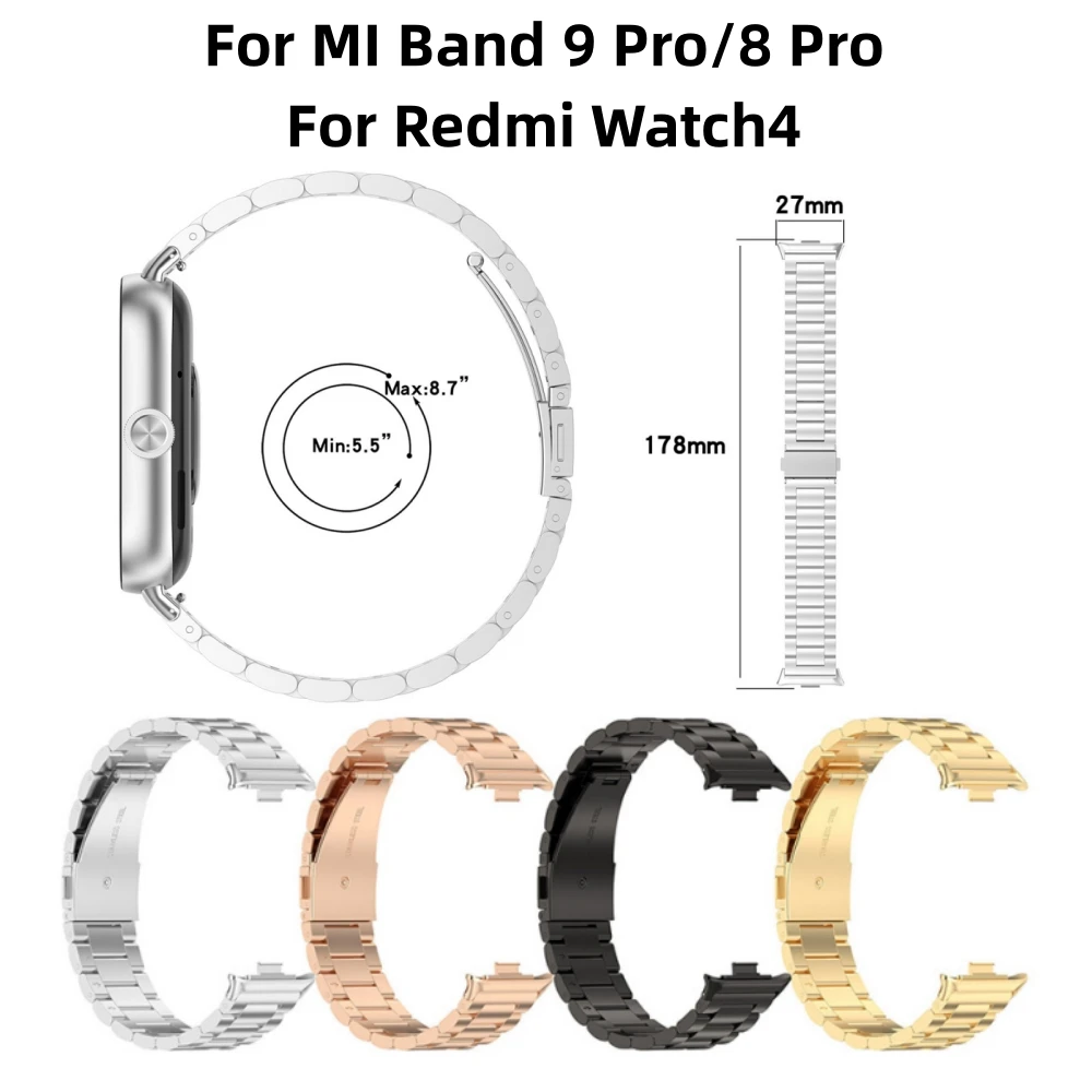 레드미 워치용 스테인리스 스틸 시계 스트랩, 레드미 워치 4 액세서리 금속 시계 밴드, MI 밴드 9 프로, 8 프로, 3 비드, 1 개