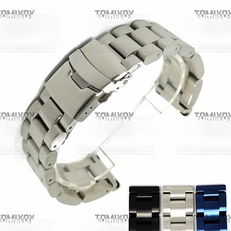 22 24MM Flat End Black Blue Silver 5.7MM Thicked Solid Stainless Steel Three Beads Dive Watch Band