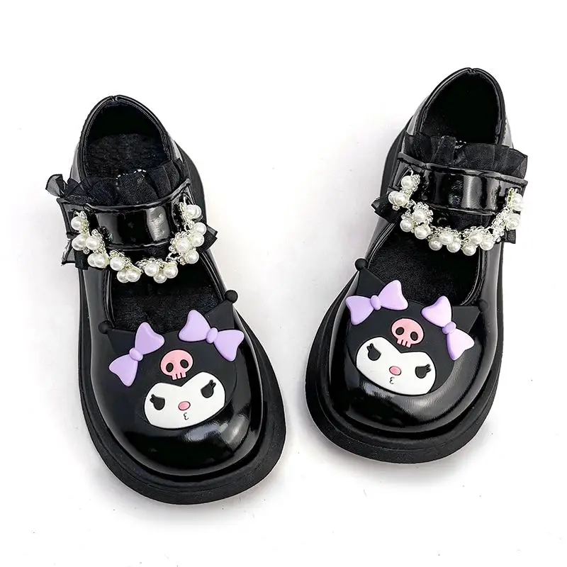 

2024 Sanrio Kuromi Girls Small Leather Shoes Kawaii Anime Princess Shoes Sweet Cute Cartoon Pearl Lolita Shoes Tide Gift for Kid