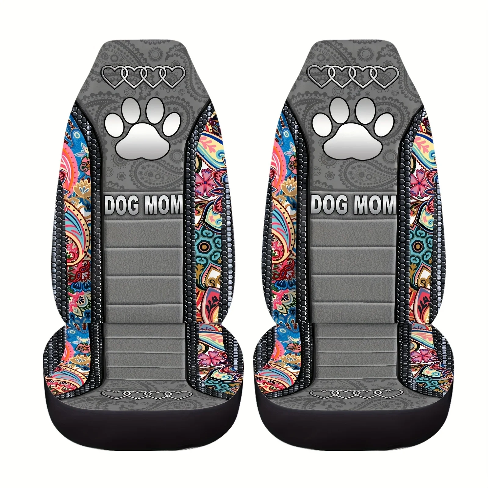 2pcs Boho Paisley & Paw Print Seat Covers - Multicolor Bohemian Design With Dog Bone & Paw Patterns, Non-Slip Black Base & Mult