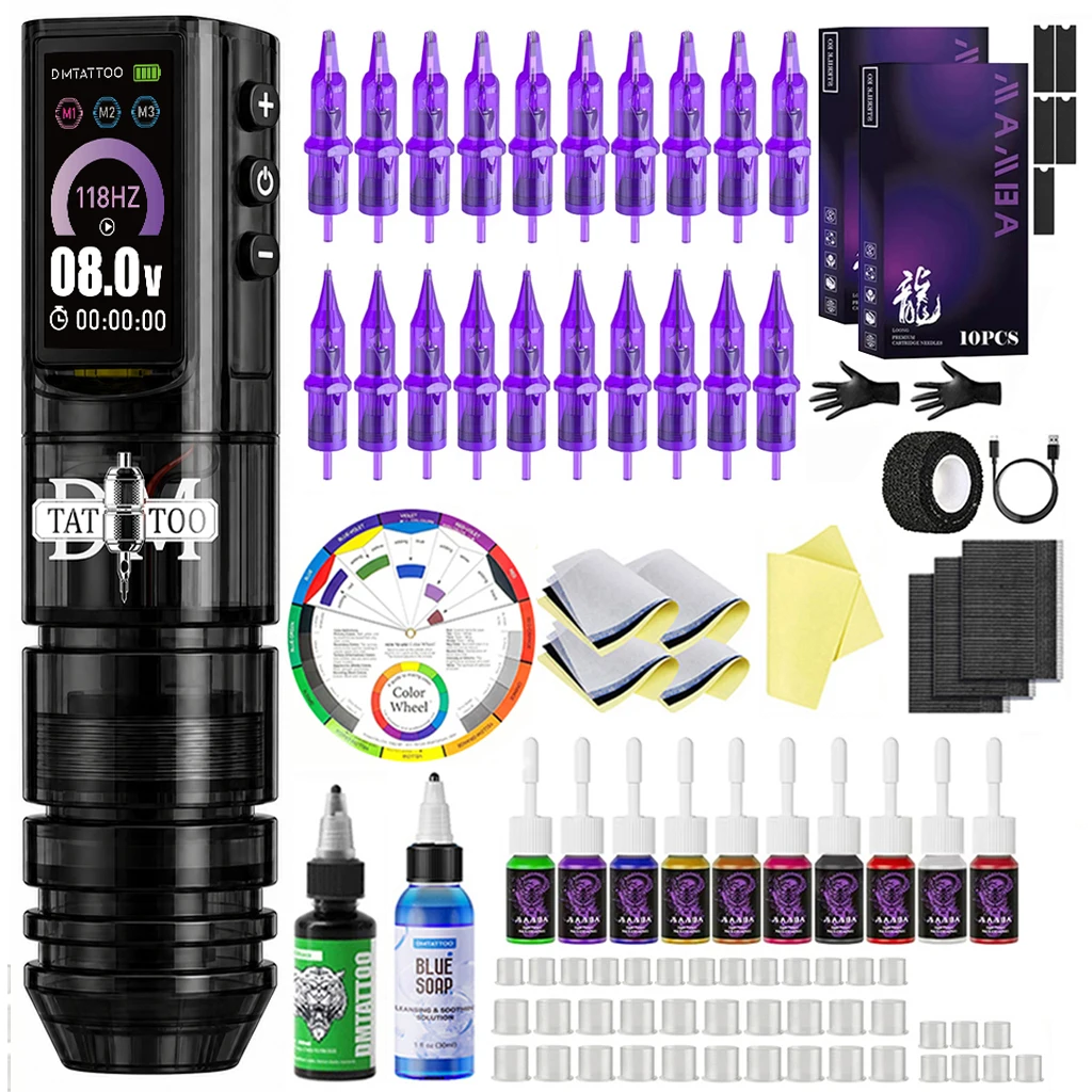 Wireless Tattoo Machine Kit With 1600mAh Battery Three Working Modes Transparent PC Tattoo Pen With Tattoo Ink For Tattoo Art