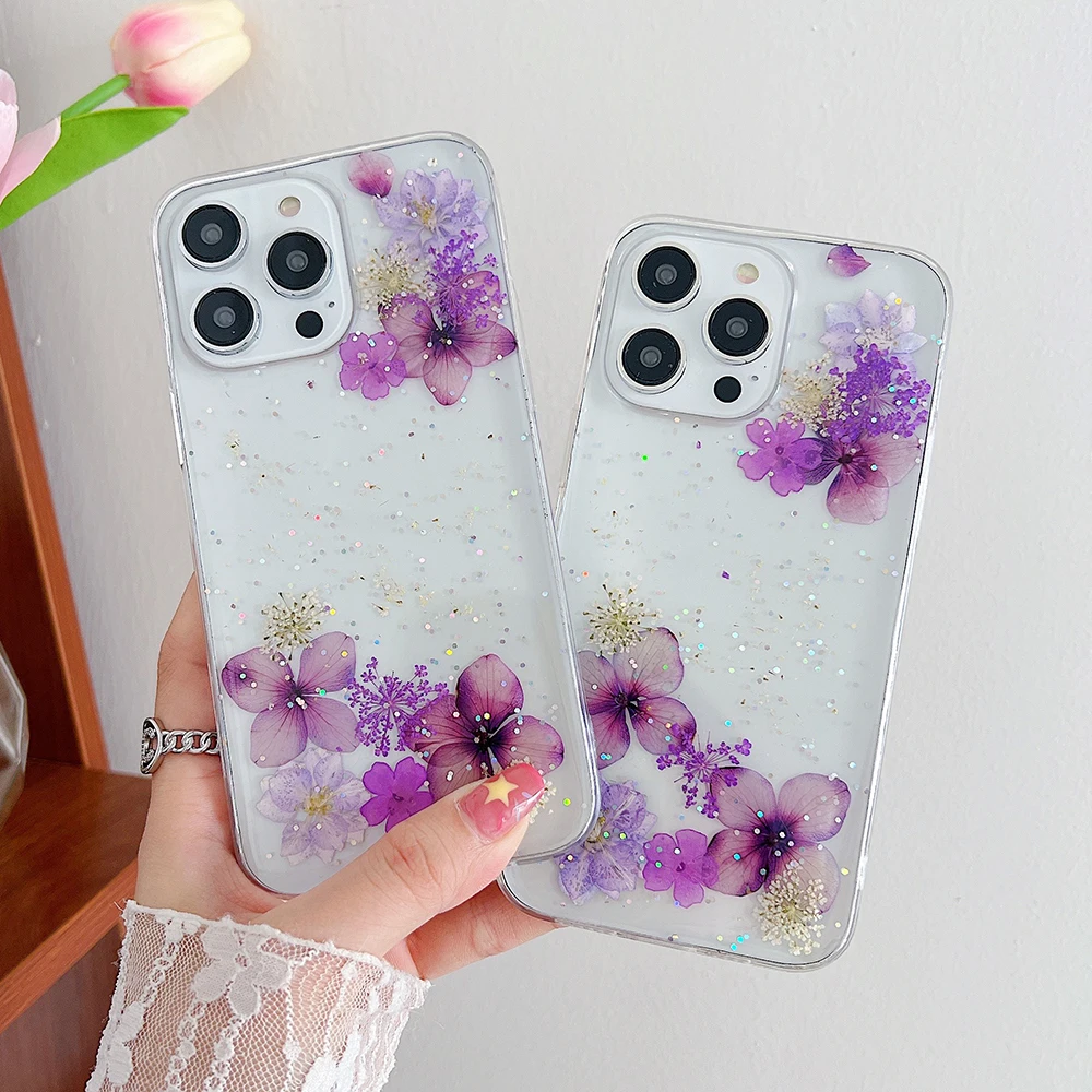 Qianliyao Purple Dry flower Phone Case For iPhone 16 15 14 13 12 11 Pro XR X XS Max 7 8 Plus 6 6s mini Soft Shockproof Cover