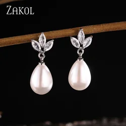ZAKOL Marquise Zirconia CZ Stone Dangle Earrings for Women Delicate Irregular Pearls Bridal Wedding Jewelry Birthday Gift