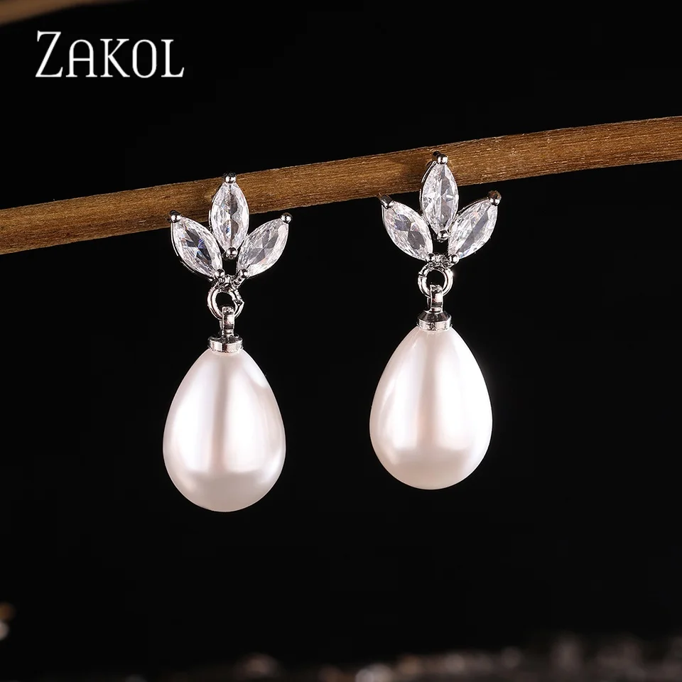 ZAKOL Marquise Zirconia CZ Stone Dangle Earrings for Women Delicate Irregular Pearls Bridal Wedding Jewelry Birthday Gift