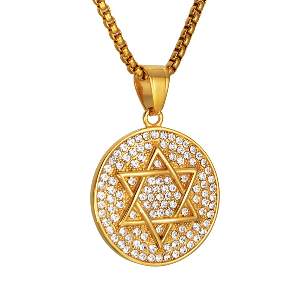 

Hip Hop Iced Out Star of David Pendant Necklaces Gold Color Stainless Steel Hexagram Necklace For Men Women Jewish Jewelry Gift