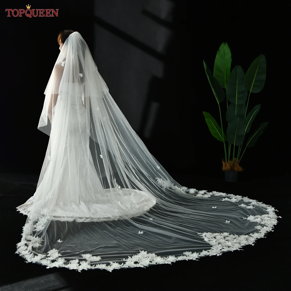 TOPCLS-Voile de Patients EEN V150, Voile de Mariage à Fleurs 3D, Longueur Cathédrale, Dentelle Appliquée, Blanc, Ivoire, Long, Personnalisé