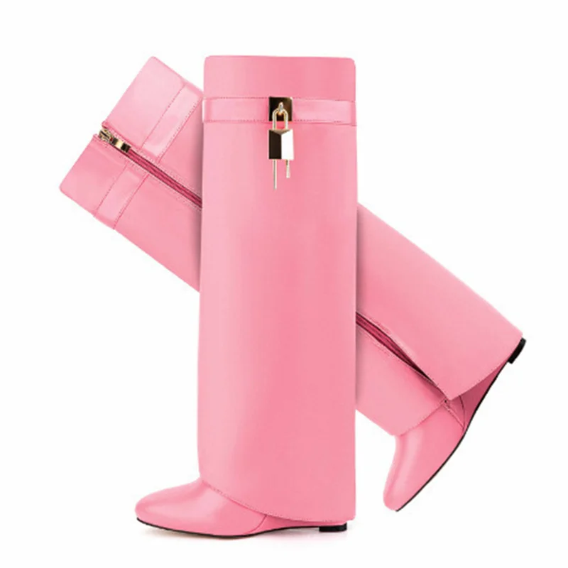 2025 automne hiver serrure bottes femmes concepteur genou bottes femmes marque talon haut chevalier bottes pli mode gothique cale longue botte