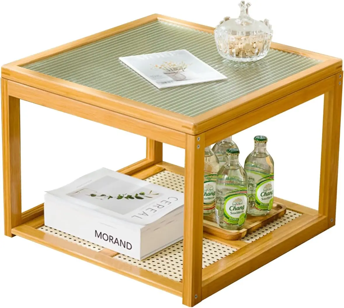 ！@Combohome Modern Living Room Coffee Table Furniture Rattan Bamboo Wood Round Side Coffee Table With Glass Top