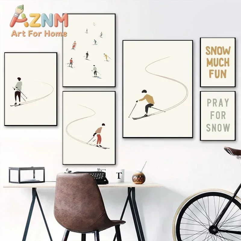 AZNM Minimalist Skiing Figure Canvas Painting Frameless Wall Art Snow Sport Quote Print Winter Style Living Room Home Decor Post