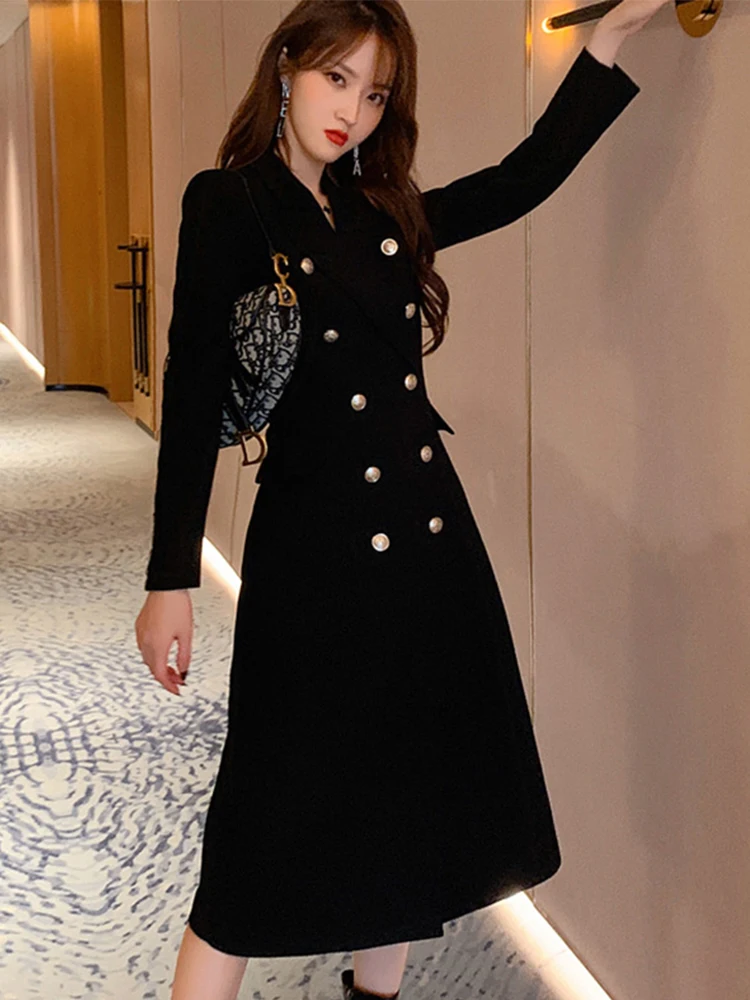 Elegant Office Women Long Jacket Coat Blazer Black Simple Double Breasted Slim Retro Lady Formal Mujer Suit Outwear Windbreaker