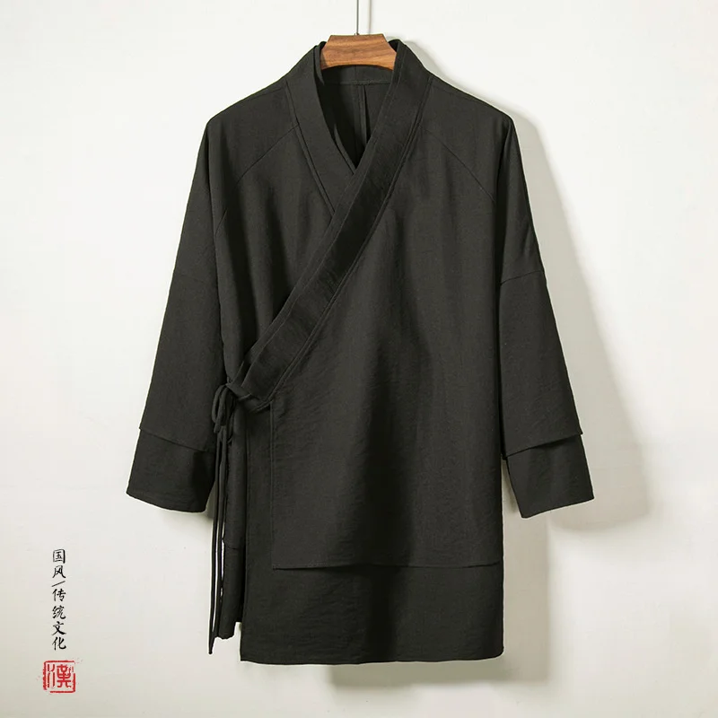 #4254 Black White Cotton Linen Jacket Loose Plus Size 5XL Long Cardigan Kimono Jacket Vintage Outerwear Mens Jackets And Coats