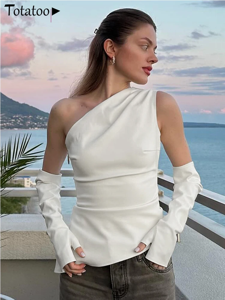 

Модные топы нестандартной формы из искусственной кожи на одно плечо с перчатками с рукавами для женщин, осень 2024, бандажные топы с рюшами, комплект для ночного клуба