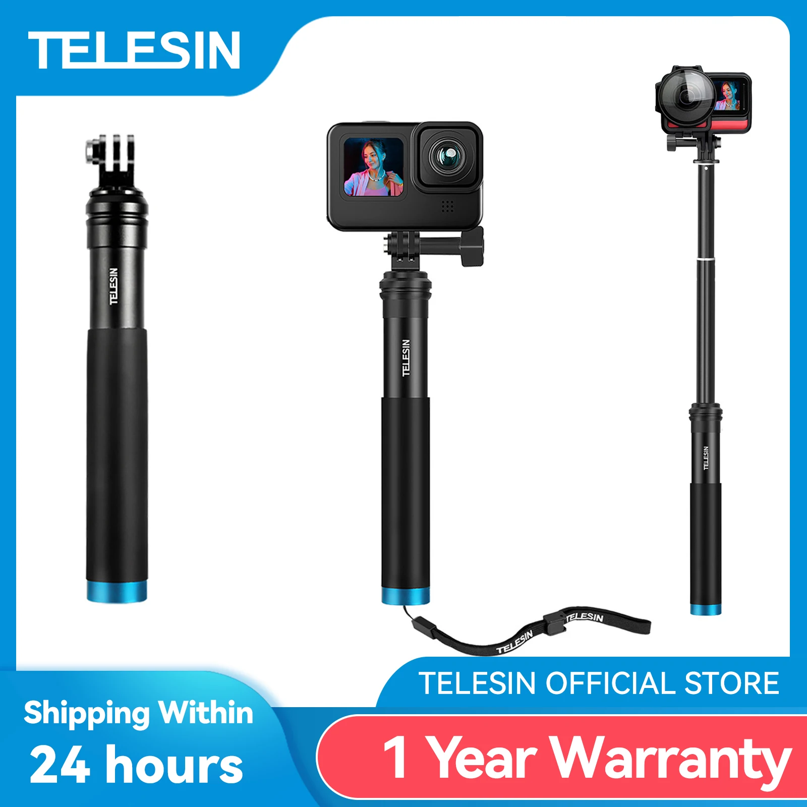 TELESIN Aluminum Alloy Extendable Handheld Selfie Stick Telescoping Pole for GoPro Hero 12 11 10 9 8 7 6 5 Insta360 Osmo Action