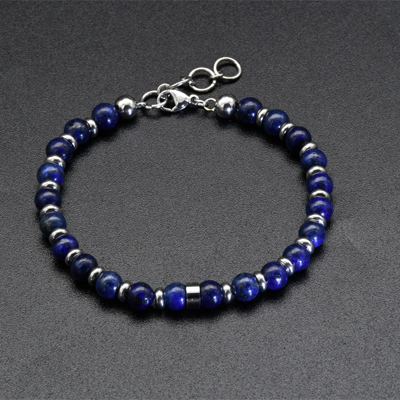 Classical Style Fashion Men and Women Jewelry 6mm Navy Blue Lapis Lazuli Stainless Steel Chain Bracelets