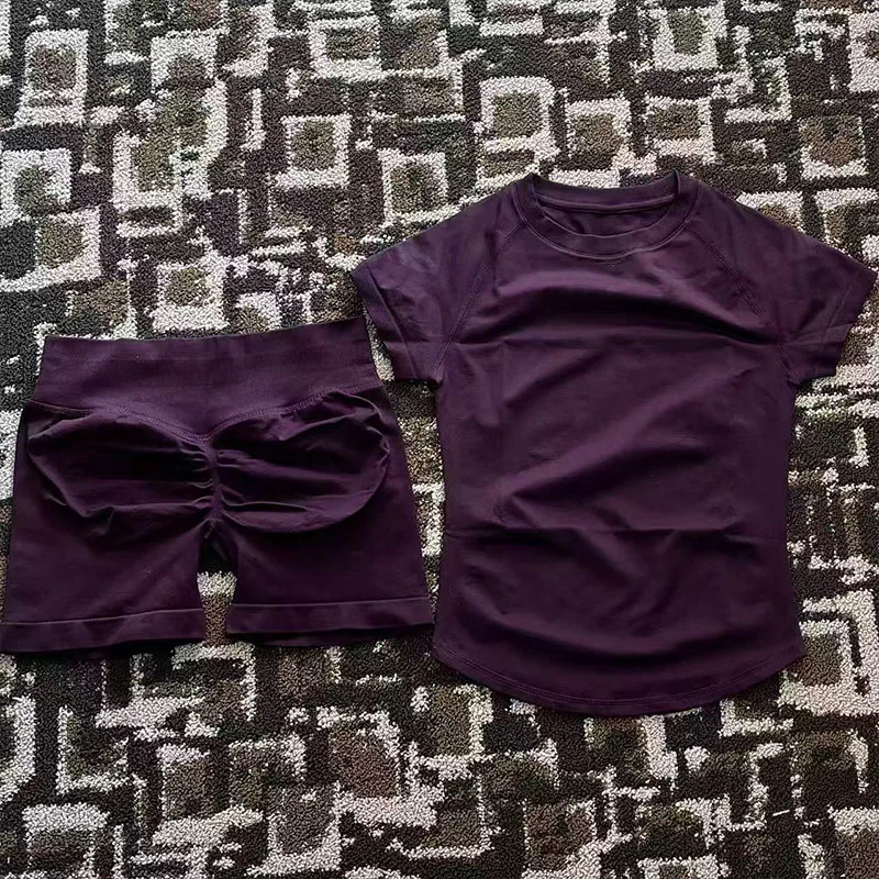 2-delig dames sportpak met lange, korte mouwen, buikvrij, hoge taille, sportshort, fitnesspak, yogapak, ademend D