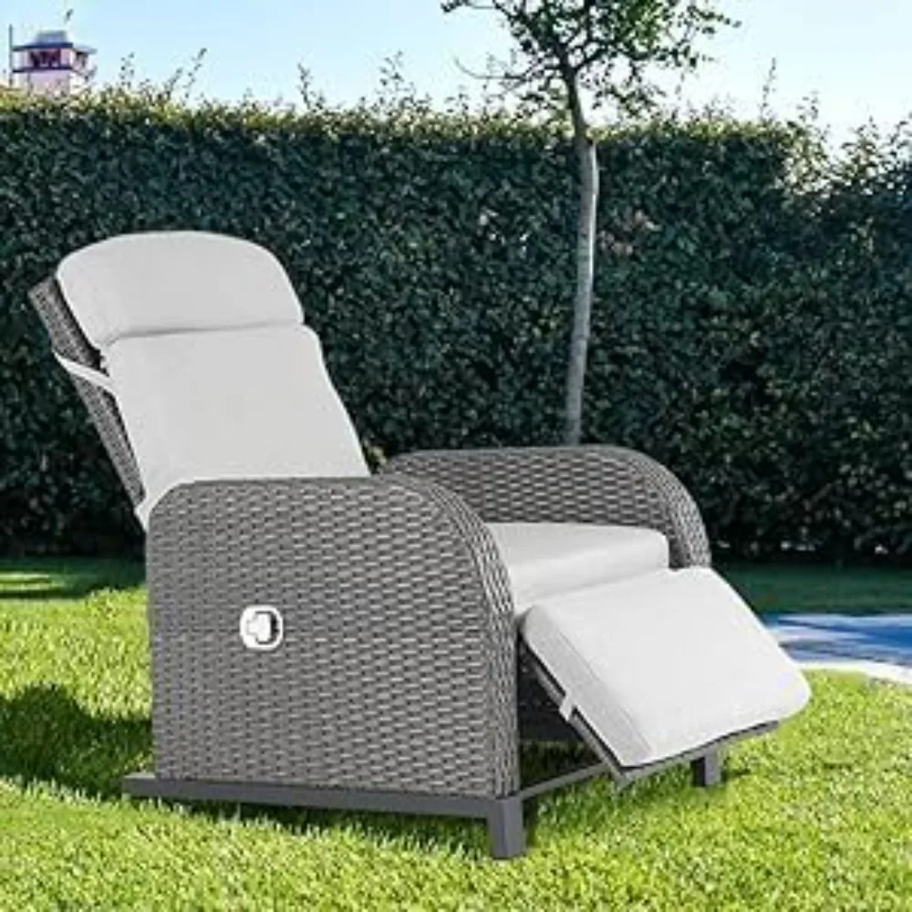 

Rattan Reclining Sofa Chair with Extended Footrest and Adjustable Backrest, Wider Seat, Aluminum Frame and Wicker Surface (Grey)