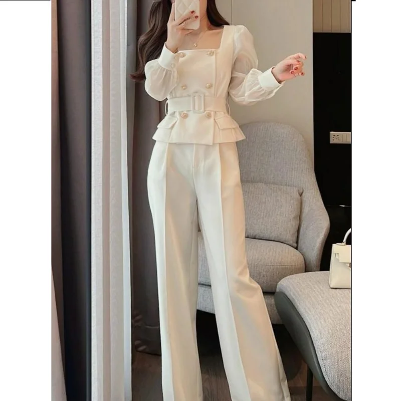 Loose Tailored Trousers Wide Leg Pant Suits Autumn Square Collar Double-breasted Blazers Women Belt Waist Thin Coat 2 Sets