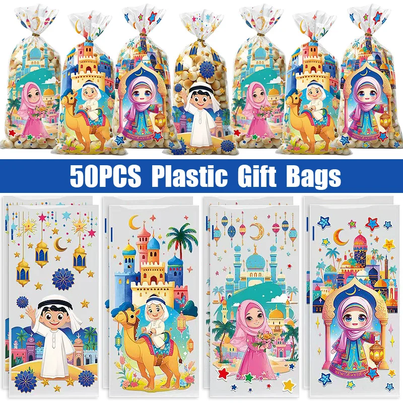 50 stücke Muslimischen Geschenk Taschen Eid Mubarak Kunststoff Süßigkeiten Cookie Behandeln Tasche Ramadan Islamischen Party Backen Verpackung Dekor Liefert 2025 Neue
