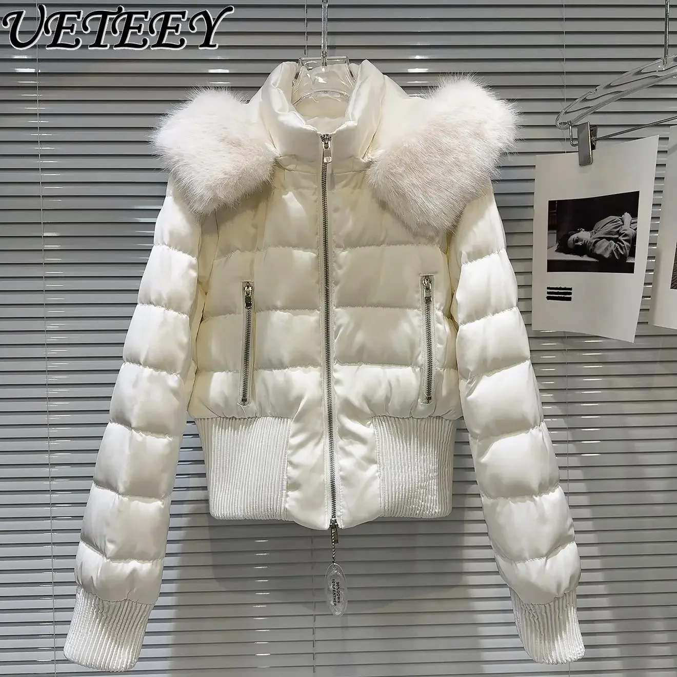 Winter New Temperament Hooded Threaded Waist Zipper Short Jacket Fashion Slimming White Duck Down Coat Parkas for Women