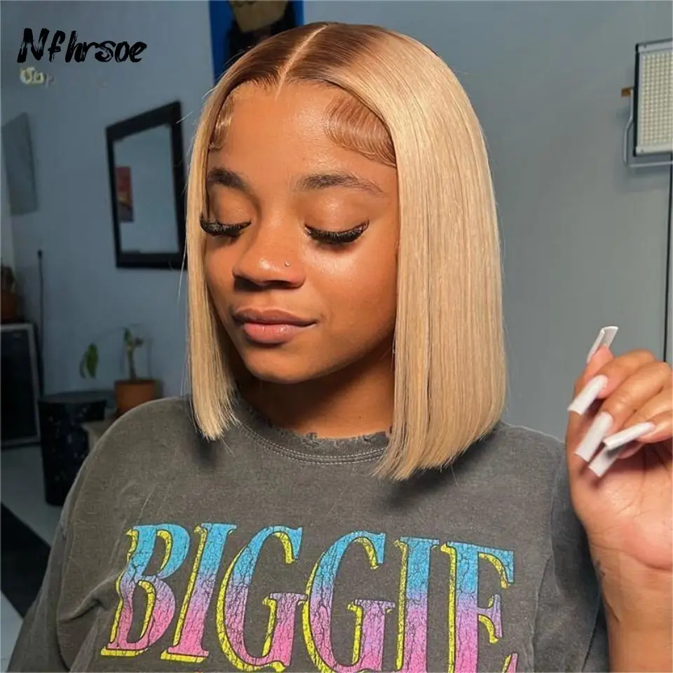 

Прозрачный парик с HD-кружевной вставкой 13x4, высококачественный, омбре 4T 613, прямой короткий боб, бразильские окрашенные человеческие волосы, парик для женщин