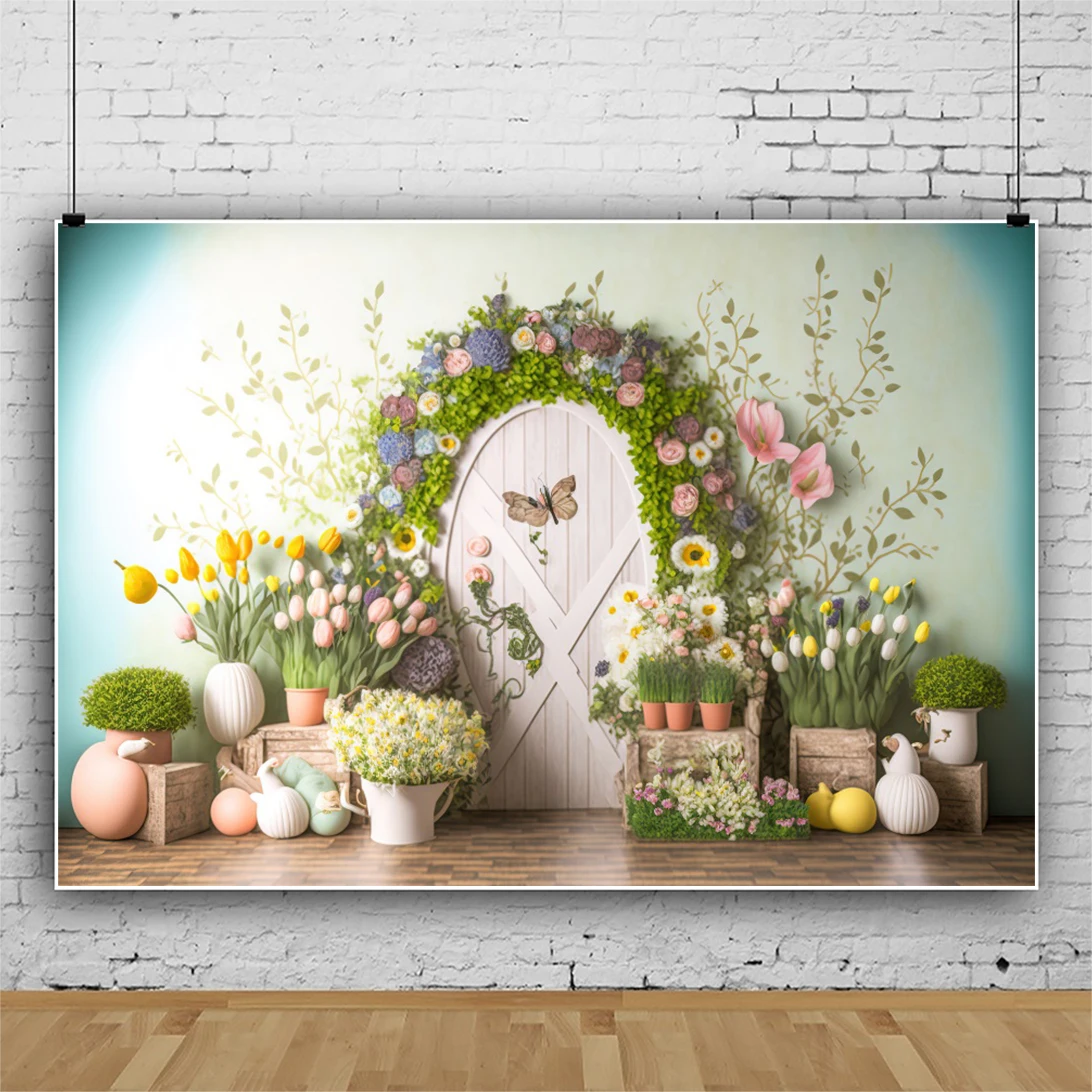 ฉากหลังสำหรับถ่ายภาพเทศกาลอีสเตอร์แฮปปี้ประตูไม้ฤดูใบไม้ผลิพื้นหลังรูปกระต่ายไข่หลากสีแบนเนอร์สำหรับงานเลี้ยงวันเกิดของเด็กทารกอุปกรณ์สำหรับสตูดิโอ2024