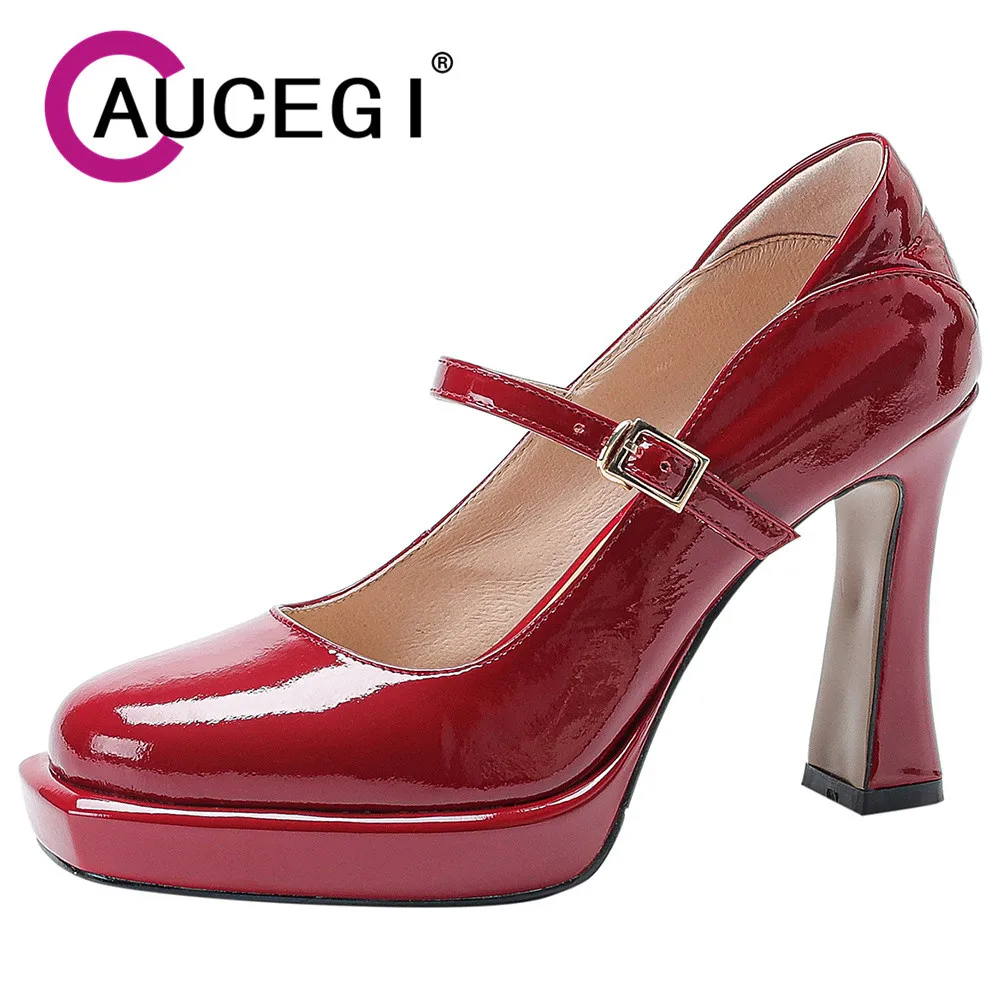 

Aucegi Classic Style Cow Patent Leather Mary Janes Women Round Toe Buckle Platform Pumps Stable High Heel Party Dancing Shoes