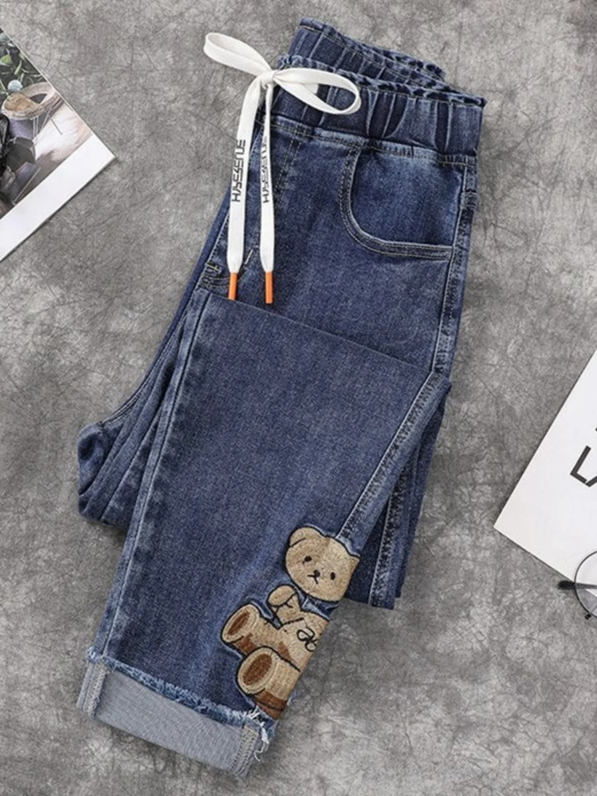 

plus Size 300 Pounds Embroidered High Waist Carrot Denim Pants Women's Spring Autumn Loose Slimming Nine Points Harlan Pants