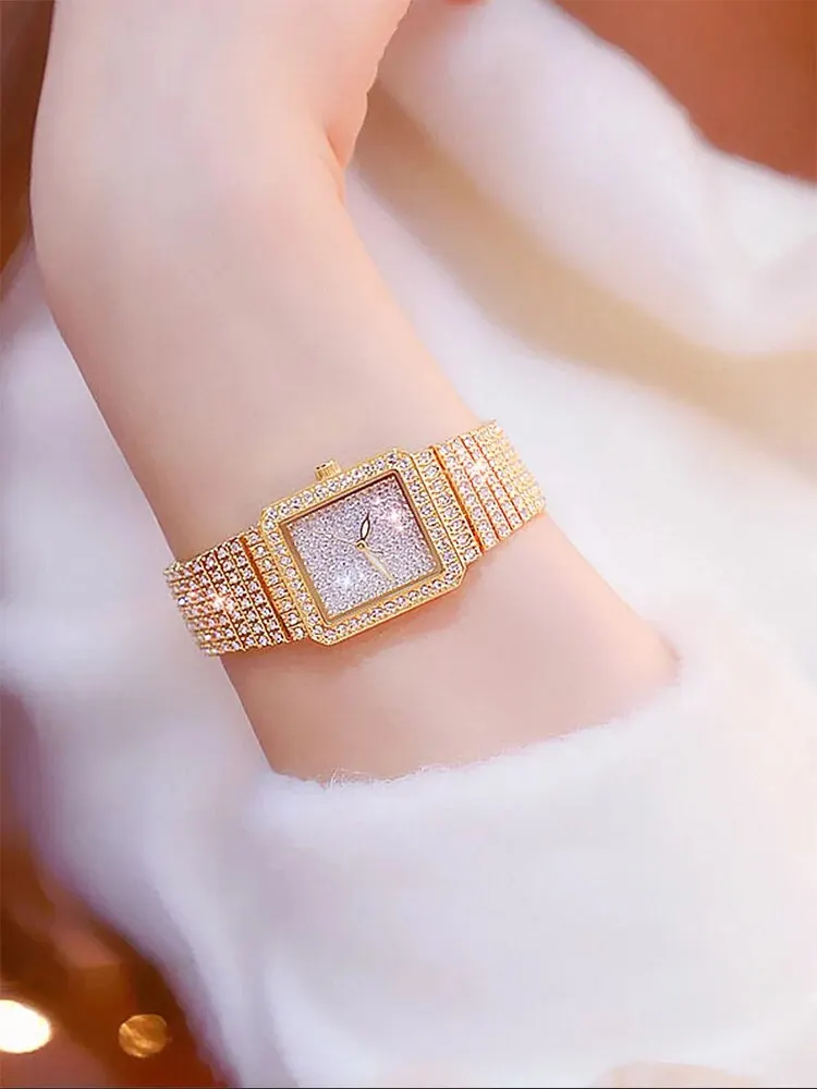 3pcs Fashionable and Luxurious Full Diamond Rectangular WOMEN\'S Steel Band Quartz Wristwatch with Diamond Inlaid Hand Set