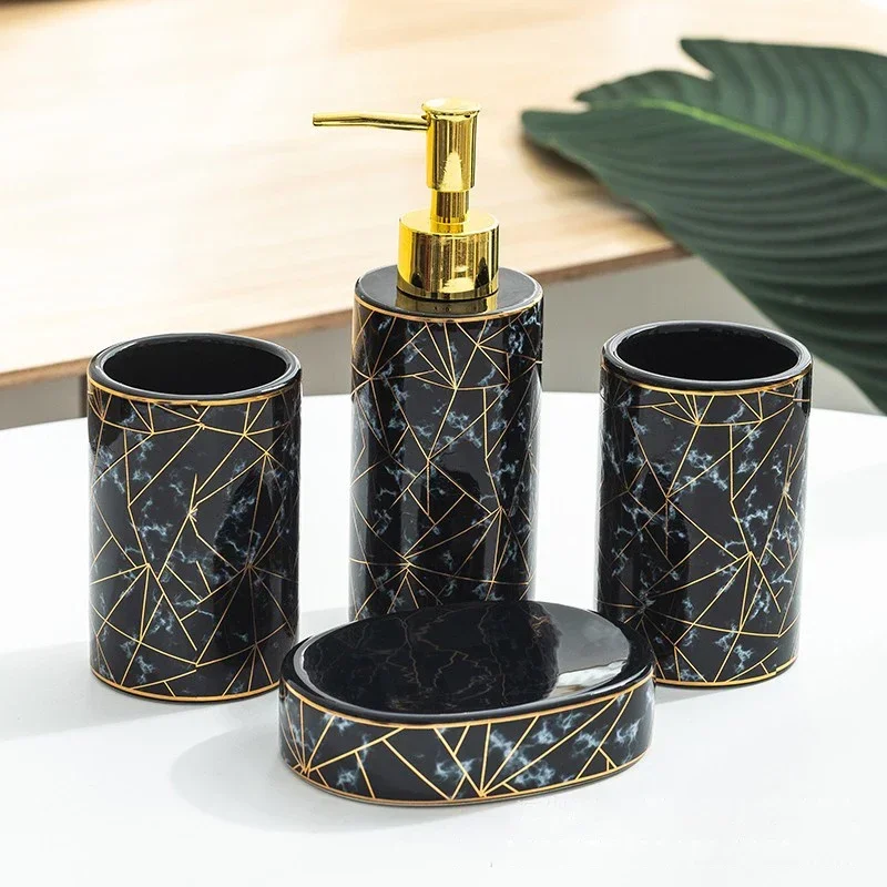 4PCS/set Bathroom Toiletries European Style Marble Printed Ceramic Liquid Distributor Set Toothbrush Toothpaste Soap Storage Box