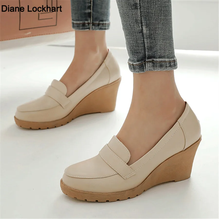 

2023 Spring New Women Wedges Loafers Ladies Casual PU Leather Shoes Office Work Boat Classics High Heels Female Platform Pumps