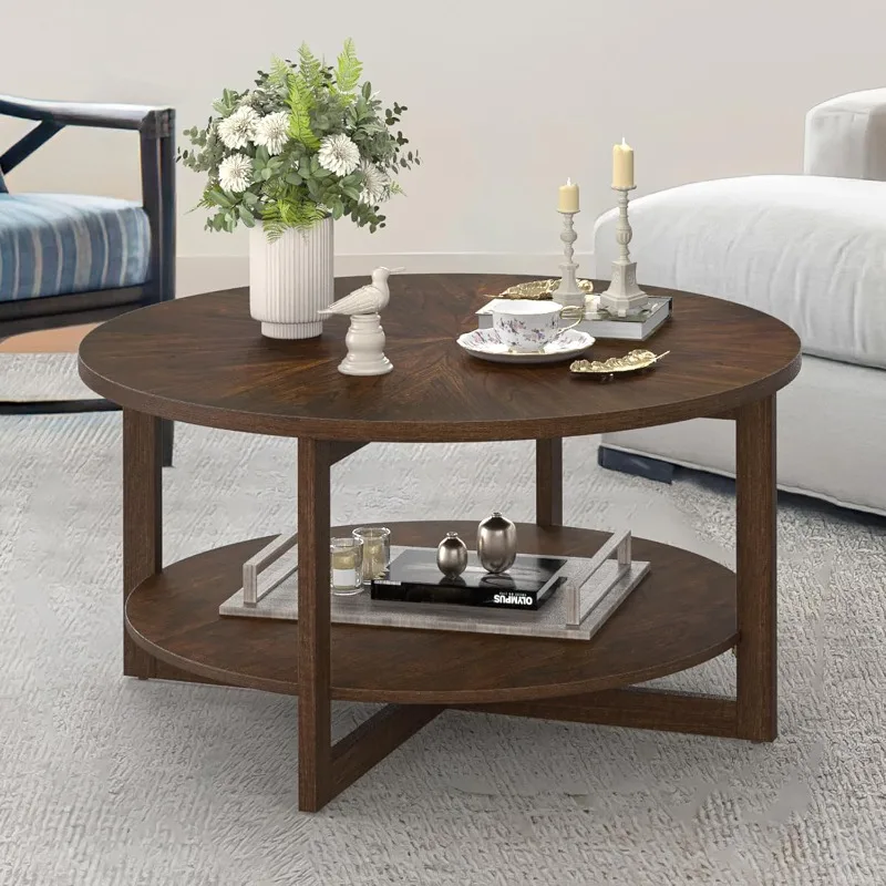 

home.Round Coffee Table, 35" Rustic Modern Circle Coffee Tables with 2-Tier Storage Shelf, Wood Coffee Table for Living Room, Da
