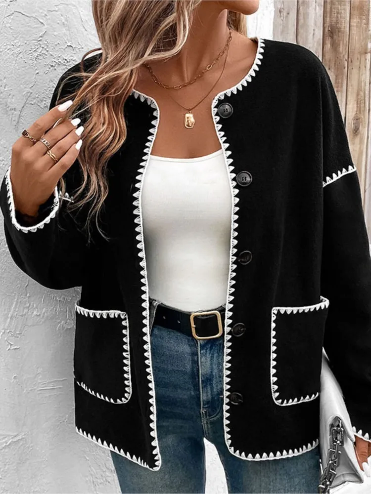 

Осенне-зимнее повседневное однобортное пальто, женская мода, флисовая куртка с круглым вырезом и карманами, элегантные женские офисные пальто