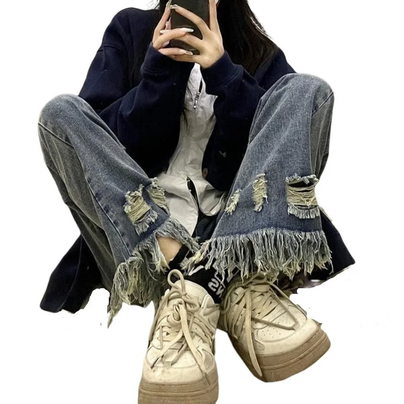 Women's Street Jeans Vintage Worn-out Tassel Jeans High Waist Straight Wash Wide Leg Denim Pants