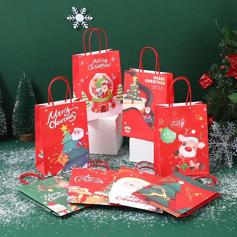 16pcs Christmas Paper Bags Xmas New Year Party Decorative Accessories Santa Claus Gift Bag Chocolate Nougat Packaging Pouches