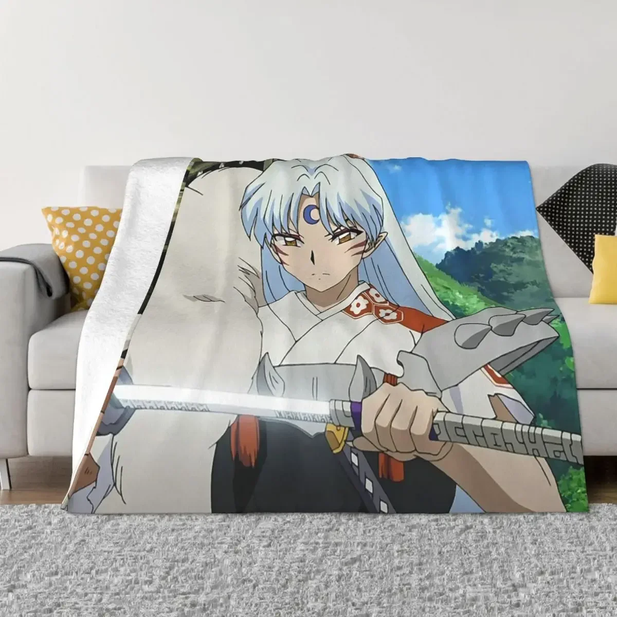 Japanese Anime Inuyasha Knitted Blankets Sesshoumaru Wool Throw Blanket Airplane Travel Portable Soft Warm Bedspread