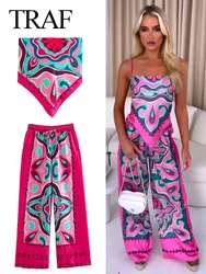 TRAF Woman Top Pants Set Summer 2023 New Fashion Printed Suspenders Elastic Waist Women's Suits Chic Elegant Holiday Sets