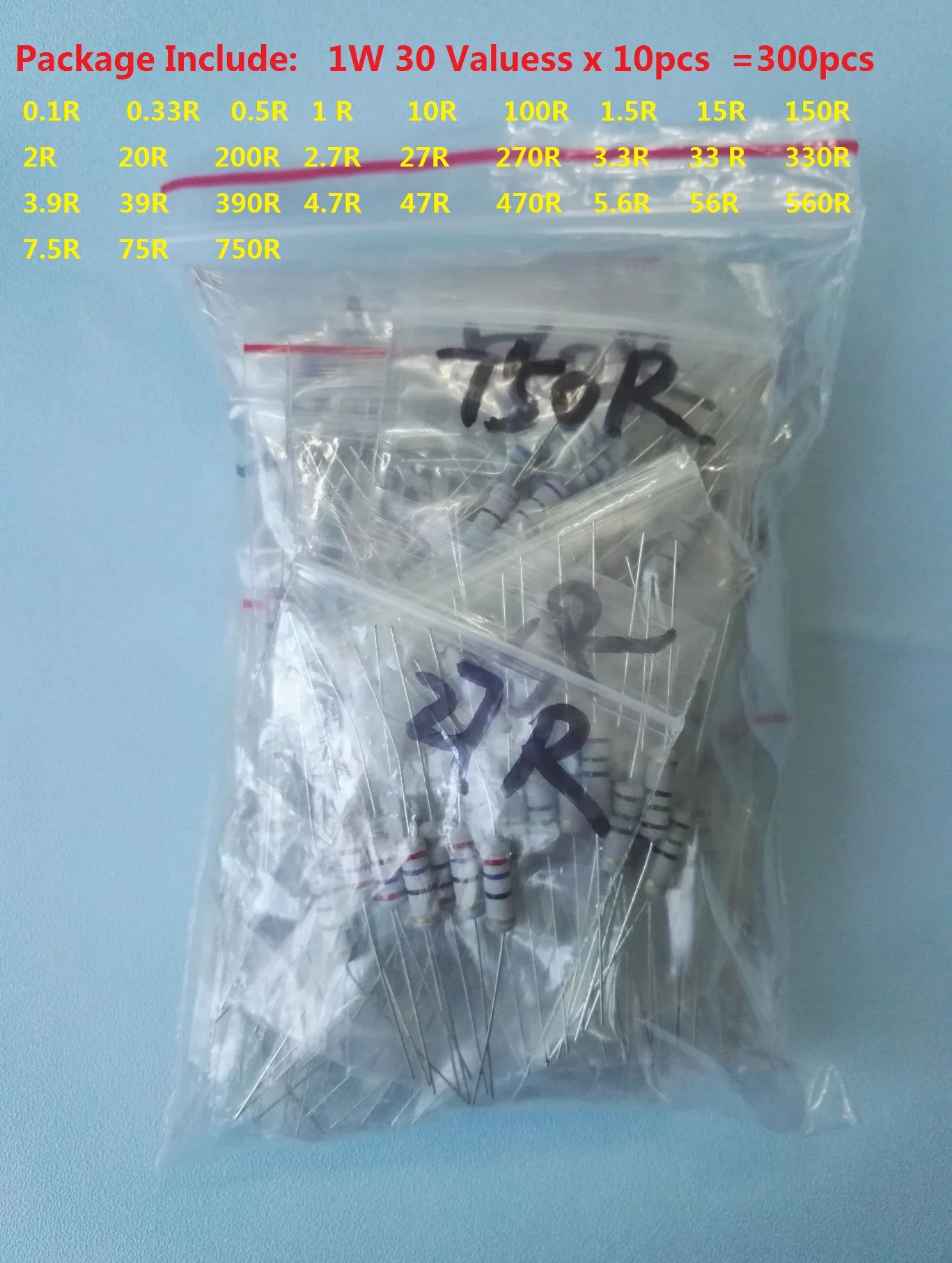 1W Carbon Film Rsistor Kit 30Values X 10pcs=300PCS 0.1R~750 Ohm 5% Assorted Kit Resistance 0.33/1.5/2.0/2.7/3.9/4.7/5.6/10/75R