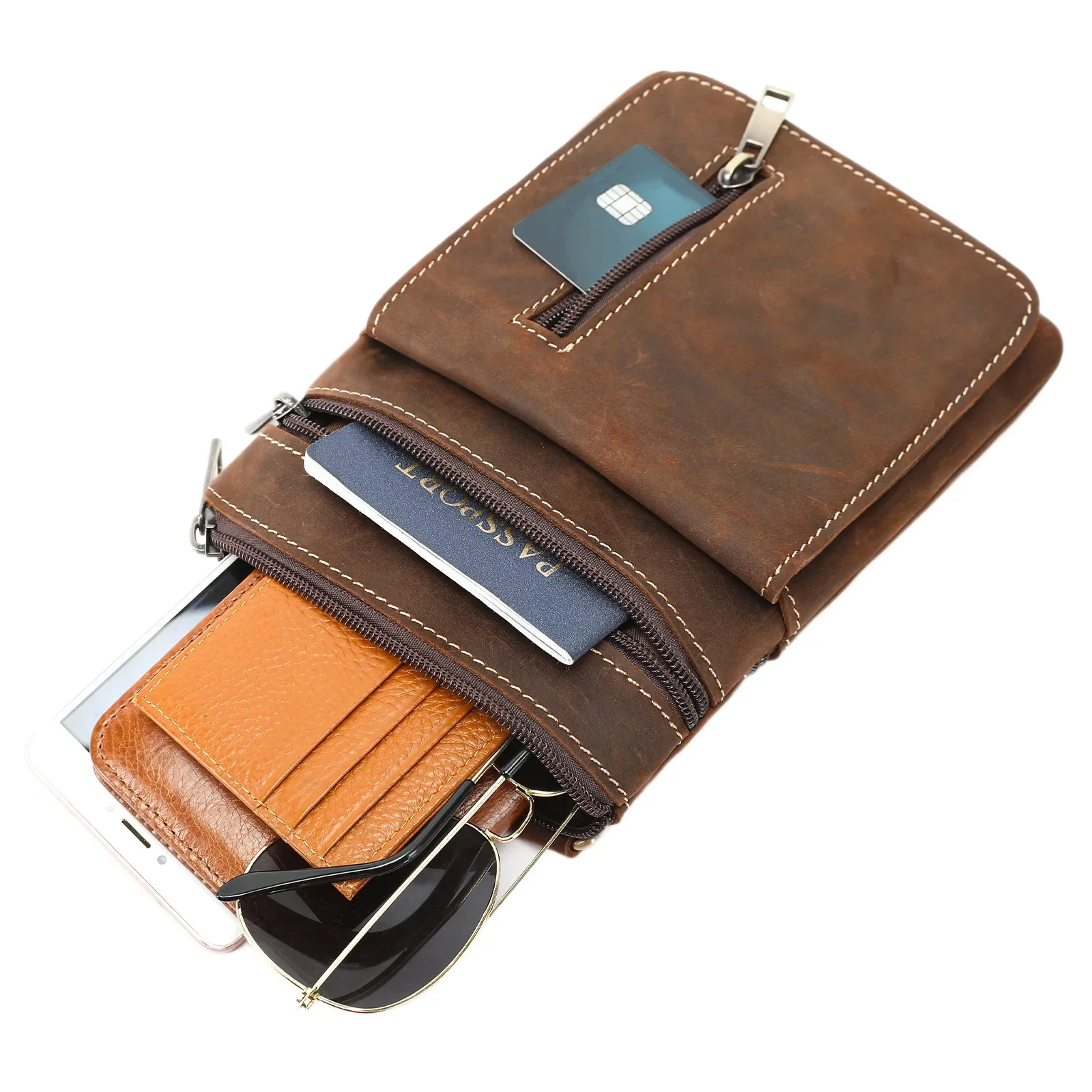 MVA Men's Leather Shoulder Bag Fashion Waist Bag Vintage Phone Case Large Travel Passport Holder Satchel Wallet for Men