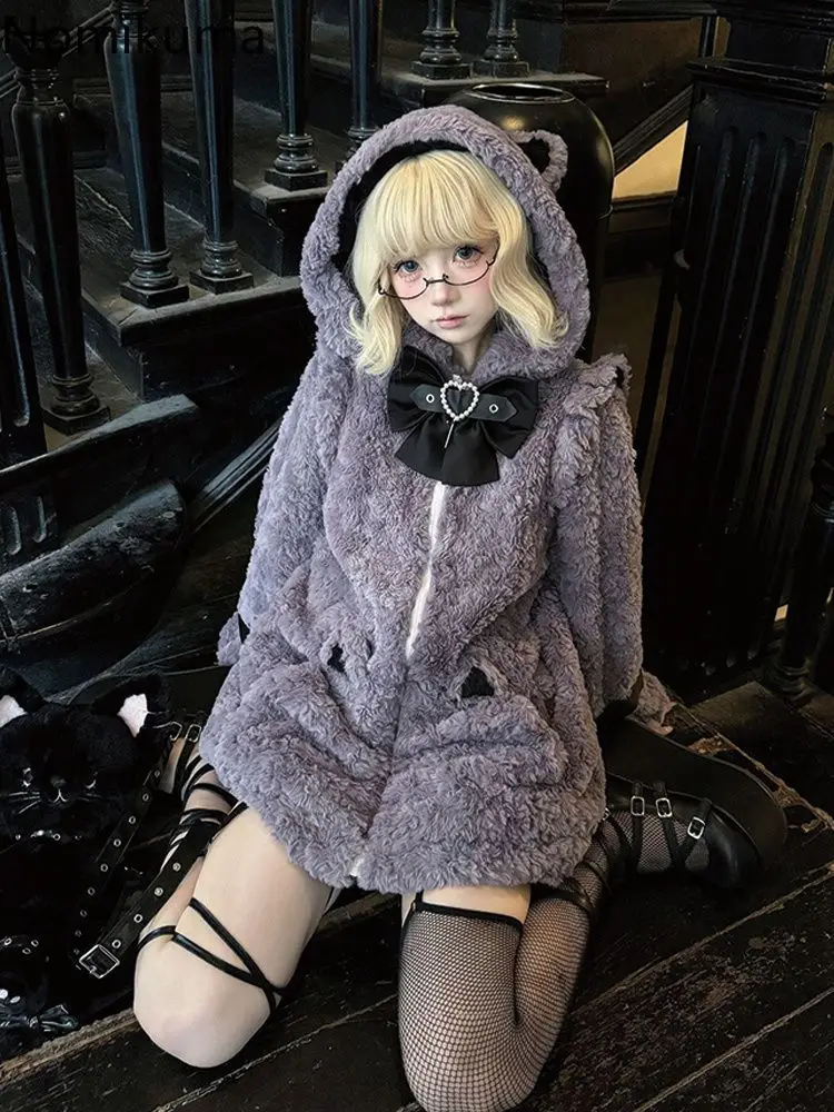 Японские зимние куртки для женщин, модная меховая верхняя одежда в стиле Лолиты, топы Y2k, повседневные пальто на молнии с капюшоном, 2025 Ropa Mujer