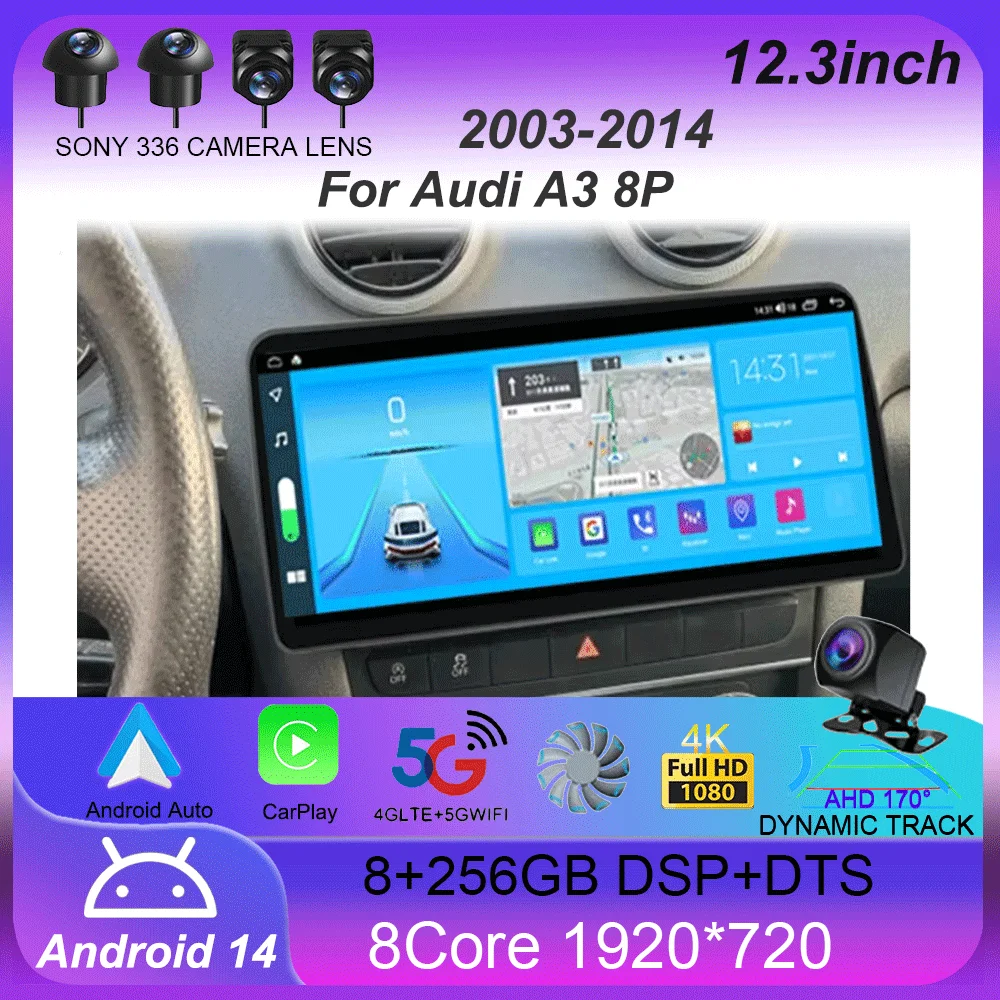 12.3 inch For Audi A3 8P 2003 - 2013 RS3 Sportback 2011 Octa  WiFi Car Stereo Audio Core Autoradio with DSP Carplay Auto 2din