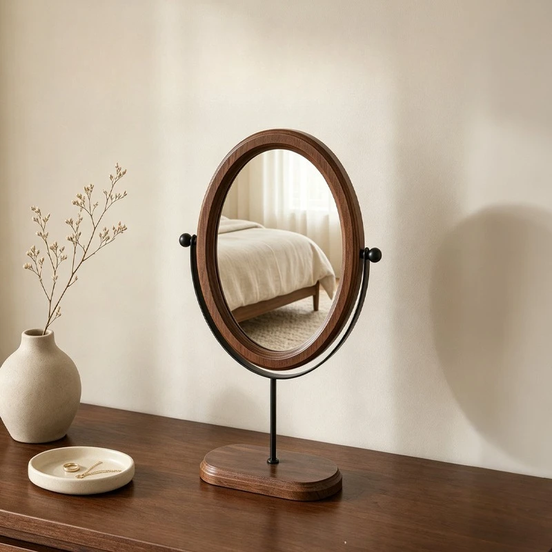 Vintage Walnut Color Light Luxury Mirror Desktop Makeup Mirror Rotatable Vertical Dressing Mirror For Bedroom