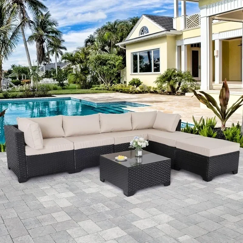 7 Pieces Outdoor PE Wicker Furniture Set Patio Rattan Sectional conversation sofa set with Khaki Cushions and Glass Top Table