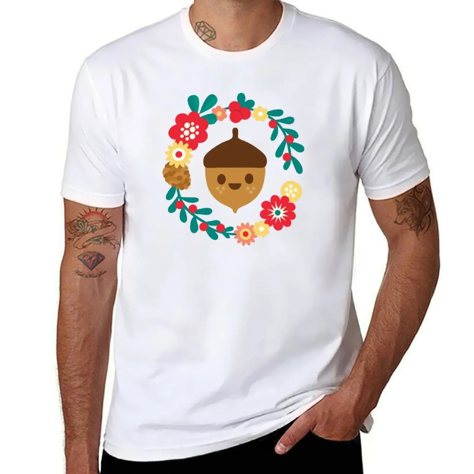 

Acorn and Flowers Pattern Design / Blue T-Shirt t shirt custom print t shirt man casual T-Shirt