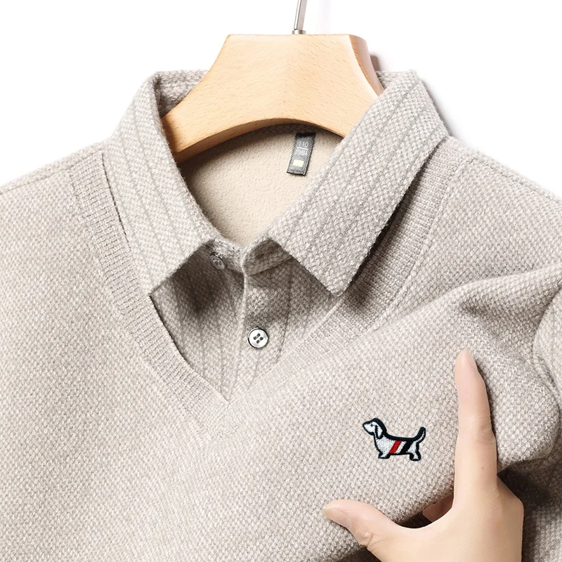 

Original Design Men's Lapel Fake Two Piece Long Sleeve T-Shirt Winter New Dog Print Thickened Warm Knitted Business Menswear Top