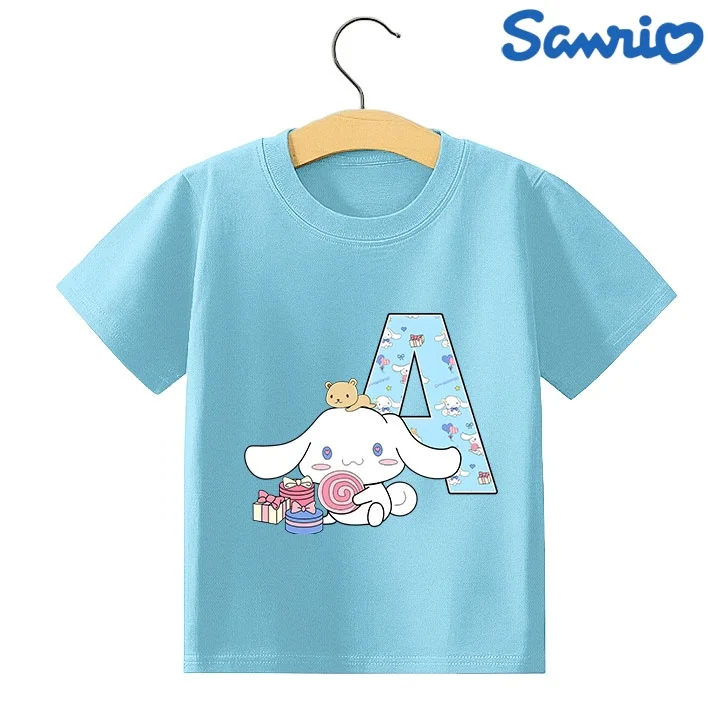 

Cinnamoroll 26 Letters T-shirt Children Sanrio Cartoon T-shirt Fashion Blue Short Sleeve Cute Anime Loose Clothing Kids Tee Gift